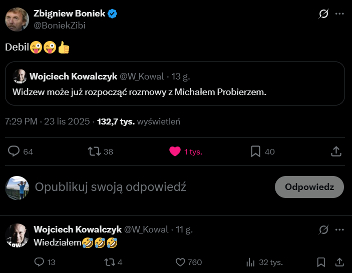 ODPOWIEDŹ Bońka na pomysł Kowala dot. Probierza w Widzewie xD